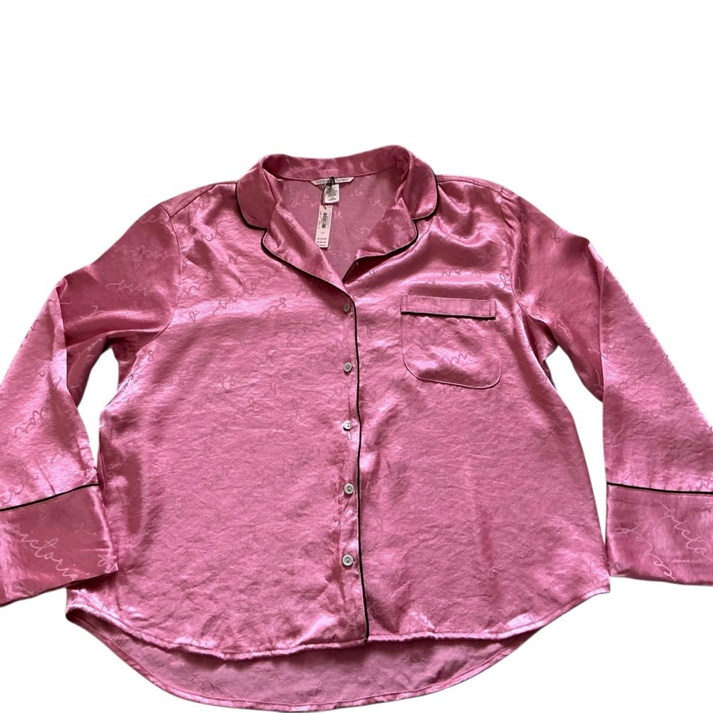 Victoria’s Secret satin pink logo sleep pj top long sleeve button up size large